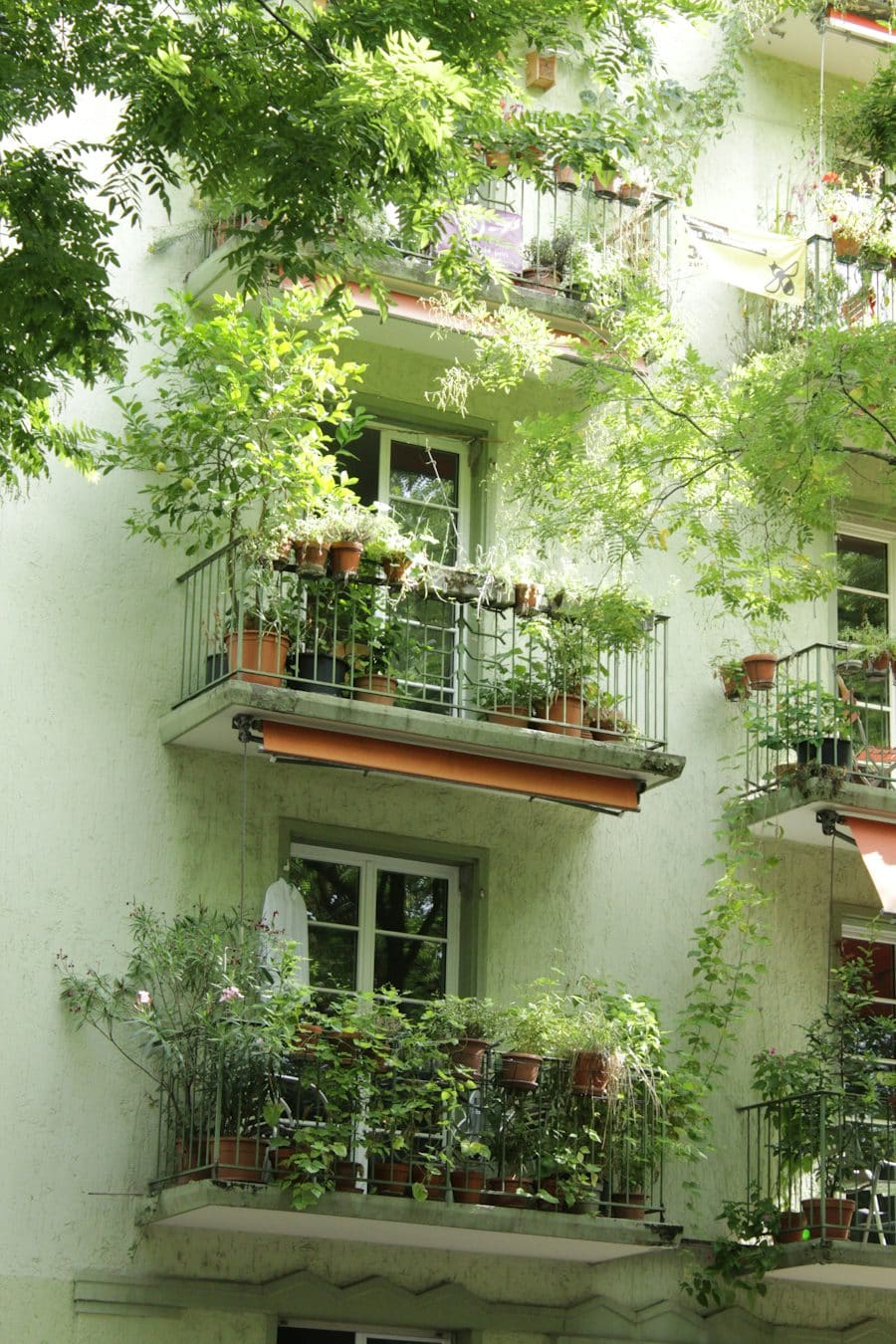 Hausfassade mit begrünten Balkonen